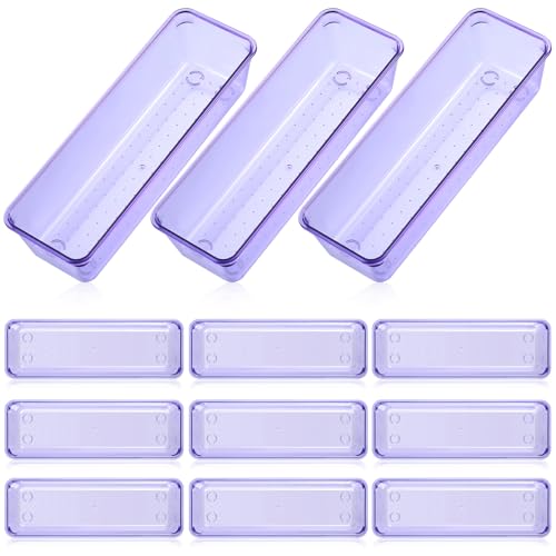 Maitys 12 Pcs Clear Drawer Organizer 9 x 3 x 2 Inches Plastic Rectangle Trays Makeup Vanity Storage Bins and Kitchen Drawers Dividers for Office Desk Silverware Kitchen Utensils(Purple) - color: Purple, size: 9 x 3 x 2 Inches