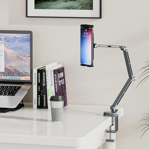 Houele Tablet Stand Holder, Adjustable Foldable Tablet Arm iPad Desk Mount with 360°Rotate Base, Phone Holder iPad Stand for Desk and Bed, Compatible with Tablets, Phones or Other 4-15.6" Device - color: Grey