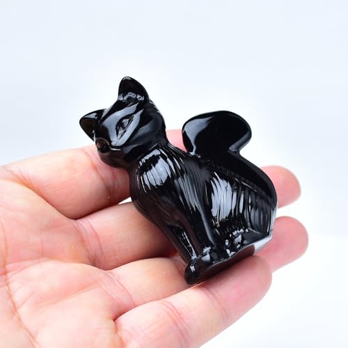 Natural Obsidian Crystal Cat Statue 2.4 Inch - Handmade Healing Sculpture, Lucky Guardian Pocket Statue for Reiki Meditation, Office & Home Decoration Gift - color: Obsidian