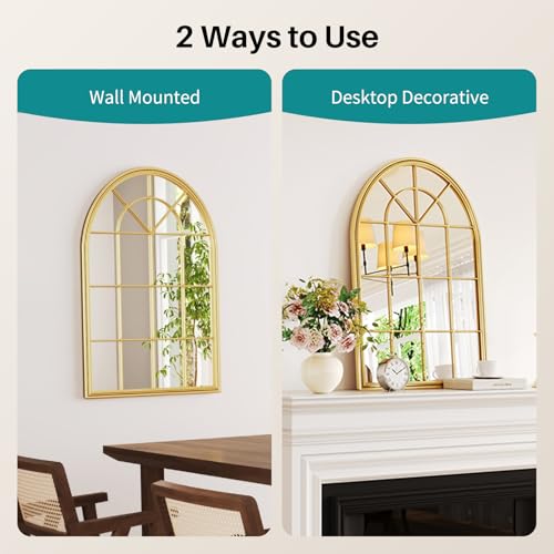 Gold Arched Window Pane Mirror - 24"x36" Farmhouse Arch Decorative Window Pane Wall Mirror for Wall Decor, Gold Metal Framed Mirrors for Living Room, Bathroom, Entryway, Bedroom, Fireplace - color: Gold 01- Window Pane