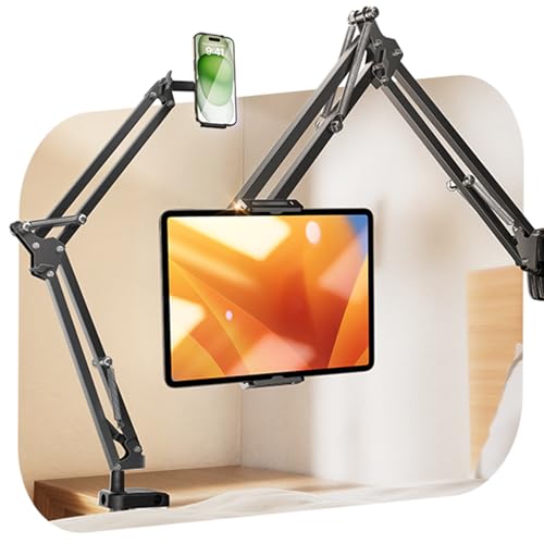LISEN Tablet Stand iPad Stand for Desk Mount [Ultra Sturdy 2 Clamps] iPad Holder for Tablet Holder Mount Desk Accessories for Men fits iPad Air, iPad 12, iPhone 17e, 4-13" Device (Black) - color: Black