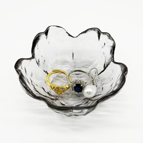 Flower Ring Dish Jewelry Tray, Glass Jewelry Dish Tray, Aesthetic Room Decor Small Trinket Dish, Nightstand Jewlery Ring Holder Dish, Bathroom Jewelry Plate Bowl for Rings Earrings Gift (Smoky Gray) - color: Smoky Gray