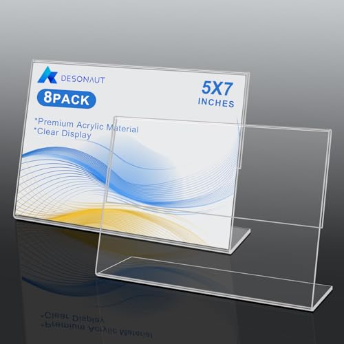 8 Pack Slanted Back Acrylic Sign Holder 5x7 inches,Clear Tabletop Sign Holder,Acrylic Picture Frames Stands for Display,Plastic Flyer Menu Holder for Office,Home,Restaurant（Horizontal）
