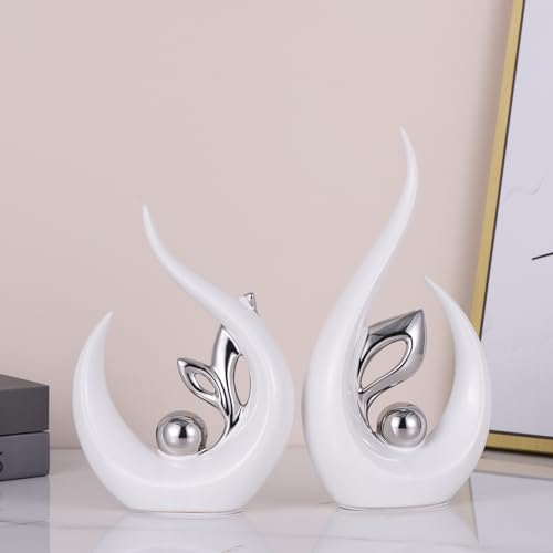 9.4" H White Silver Abstract Sculptures Home Decor, Ceramic Art Statue Cool Stuff to Put on Shelves&tv Stand Decor, Silver Accent Entertainment Center, for Fireplace Coffee Table Dining Table Decorate - color: White Silver, size: 9.4in/H
