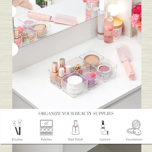 STORi SimpleSort 6-Piece Stackable Clear Drawer Organizer Set | 3" x 3" x 2" Square Trays | Small Makeup Vanity Storage Bins and Office Desk Drawer Dividers | Made in USA - size: 3x3x2" (Set of 6)