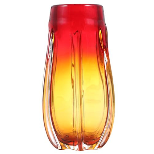 Luxury Lane Hand Blown Laine Sommerso Art Glass Vase for Home Decor 10 inch Tall Centerpiece Table Decoration - color: Gold & Red Ombre, size: 10" tall