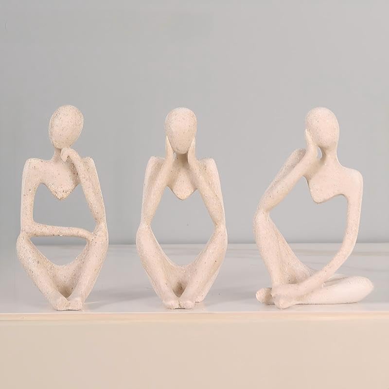 Abstract Thinker Statues Set of 3 Sandstone Resin Sculptures Modern Minimalist Art Figurines Seated Posed Sculptures for Home Office Shelf Tabletop Display Decor Accents