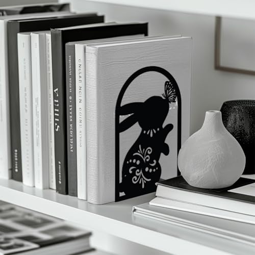 Peacoblue Metal Bookends for Shelves, Modern Decorative Heavy Duty Study Book Support Stoppers for Office, Desk, Shelf, Room 4.7"x3.5"x7.9" Cast Iron Simple Bookends, 1 Pair (Rabbit and Butterfly) - style: Rabbit and Butterfly