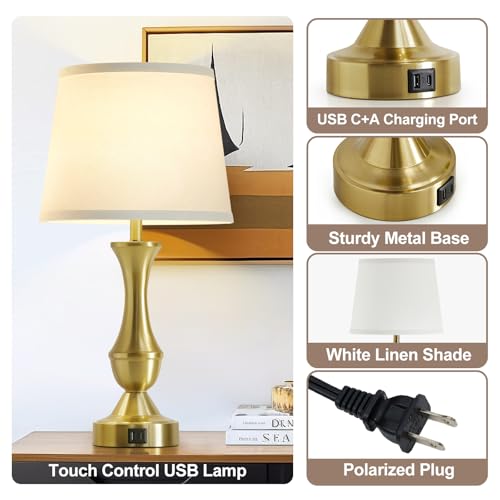 Luvkczc 22" Gold Table Lamps Set of 2 - Modern Luxury Bedside Lamps with White Fabric Shade, Dimmable & Dual USB C+A Ports, Nightstand Lamps for Bedroom/Living Room (Bulb Included) - color: White,Gold base, size: 22in