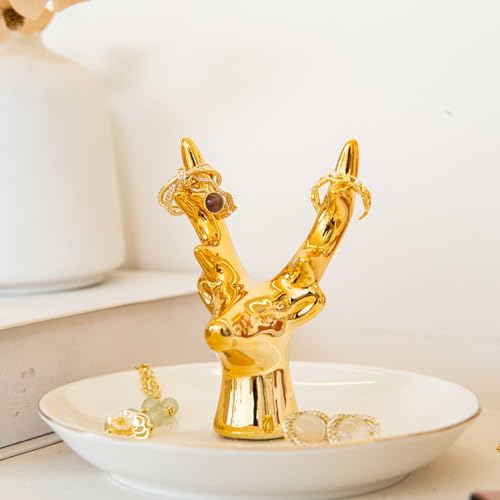 Gold Deer Ring Holder Dish, Ceramic Jewelry Tray Trinket Dish for Necklace Keychain Organizer, Cute Funny Birthday Wedding Mothers Day Gift for Women Friends Girls - style: Gold Deer