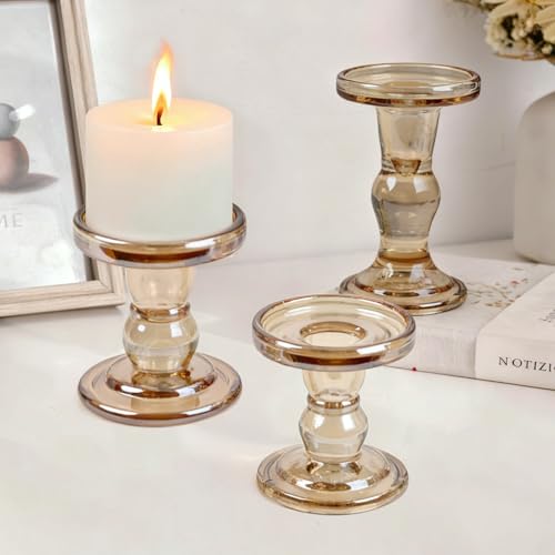 Glass Candle Holders, Set of 3 Candle Holders for Pillar Candles, Candlestick Holder for Pillar Taper TeaLight Candles, Table Centerpiece for Wedding Dining Living Room Home Decor