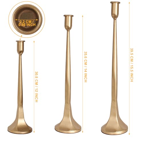 Set of 3 Gold Iron Candlestick Holders – Tapered Candle Holders for 3/4" Candles, Tall Candle Stick Set for Dining Table, Wedding, and Home Décor - color: Gold