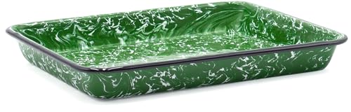 Red Co. 11" x 9" Enamelware Metal Classic 2 Quart Rectangular Serving Tray, Dark Green Marble/Black Rim - Splatter Design - color: Dark Green