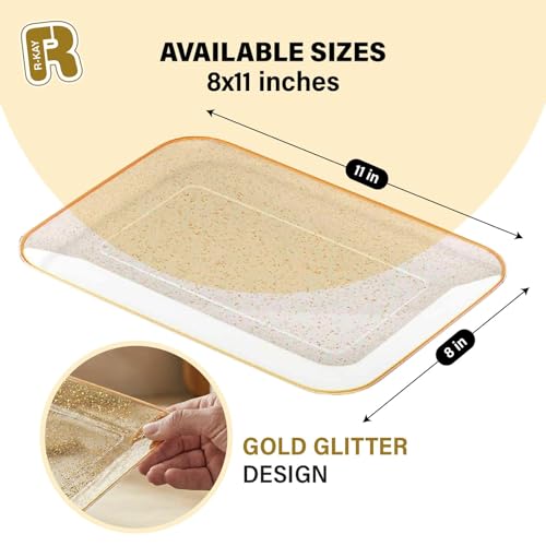 3 Pack Gold Glitter Plastic Serving Trays for Party - Gold Glittered Serving Tray 8 x 11 Inch - Heavy Duty Dessert Trays for Food - Rectangular Party Serving Trays for Entertaining - color: Gold Glitter