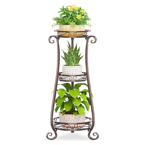 KMOTASUO 3 Tier Metal Plant Stand for Multiple Large Planters Indoor Outdoor Organizer, Heavy Duty Tall Flower Rack for Corner Patio Bathroom Office Corner, Modern Sturdy Vertical Iron Rack, Bronze - color: Bronze, size: 3 Tier