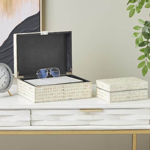 Deco 79 Mother of Pearl Shell Geometric Handmade Decorative Box Mosaic Dot Storage Decorative Keepsake Box with Brown Accents, Set of 2 Storage Box 12", 8"W, Cream - color: Cream, size: 11.9", 7.95"W