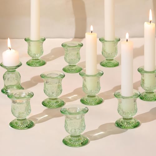 10pcs Green Candlestick Holders, Glass Taper Candle Holders for Table Centerpiece Decor, Wedding, Birthday, Gift - color: Green