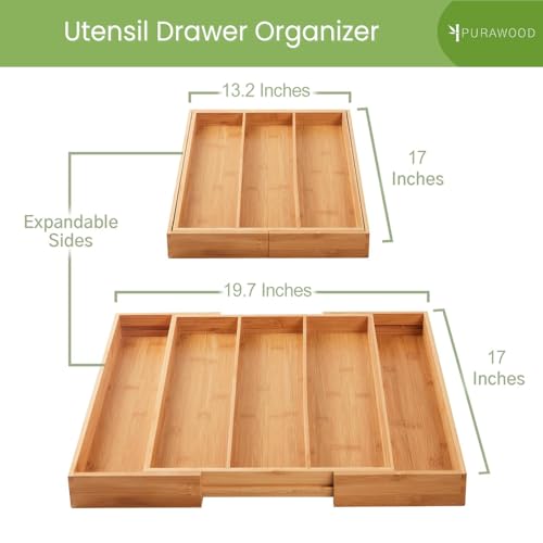 Purawood Kitchen Drawer Organizer, 2 Pack - Expandable Utensil Drawer Organizer for Kitchen, Cutlery Tray & Silverware Organizer, 3-5 Slots - Bamboo Organizer for Utensils & Flatware (Natural) - color: Natural, size: 5 Slot