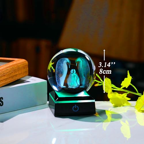 Qianwei Penguin Gifts for Women - 3D Crystal Ball 3.14'' Laser Penguin Decor Glass Animals Figurines Statue & Night Light - style: Penguin