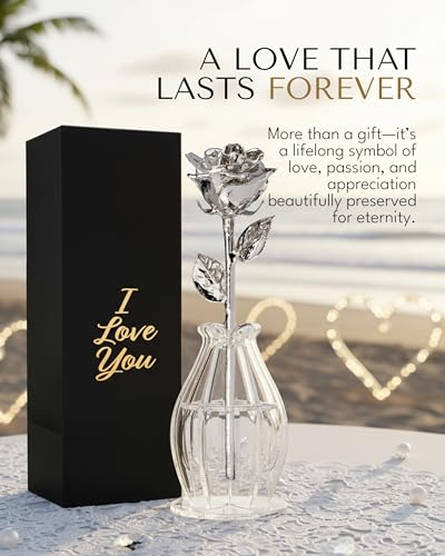 Forever Rose Bloom Box & Phantom Vase Combo, Platinum Dipped Rose in a Personalized Gift Box That Says I Love You Embossed in Gold Foil, Unique & Everlasting Gift for Any Occasion - color: "I Love You" Platinum Dipped Rose (Phantom Vase & Bloom Box)