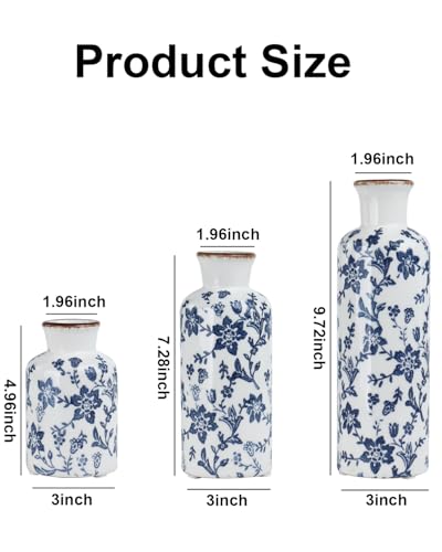 Ceramic Vase Set of 3, Vintage Ceramic Flower Vases, Crackle-Glaze & Distressed Rim, Blue Botanical Pattern, for Home Decor, Living Room Mantel & Dining Table Centerpiece - color: Blue