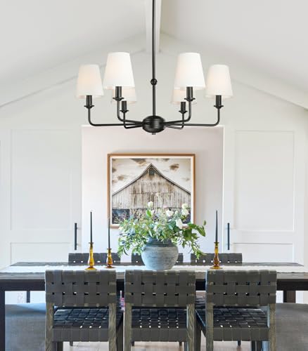 6-Light Black Pendant Chandelier with Fabric Shades, E12 Base - Farmhouse & Industrial Style for Kitchen, Living Room, Dining Room, or Bedroom Lighting - color: 6 Light+Black