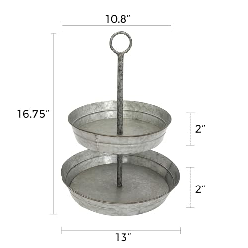 FLORA Farmhouse 2 Tiered Galvanized Serving Tray Stand with Carry Handle, Rustic Metal Display Tray for Cupcake Dessert Fruit, Silver - size: 13" x 13" x 16.5"