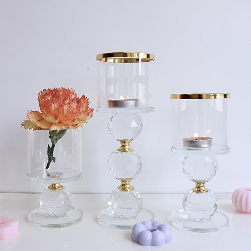 Glass Candle Holders Set of 3,Gold Pillar Candlestick,Crystal Candle Holder for Table Centerpiece Wedding Home Decor