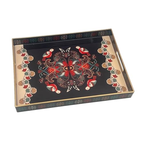 15.8" x 11.8" Black Plastic Serving Tray with Handles, Bohemian Folk Art Bird & Mandala Pattern with Gold Trim, for Ottoman, Coffee Table, Vanity - color: Bohemian Folk Art Bird & Mandala Pattern