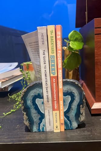 AMOYSTONE Blue Agate Stone Bookends, Heavy Sturdy Bookends for Heavy Books, Rock Crystal Book Holder, 6-8 LBS, Decorative Bookends for Home Office Desk, Perfect Housewarming Gift - color: Blue, size: 6-8 Pounds