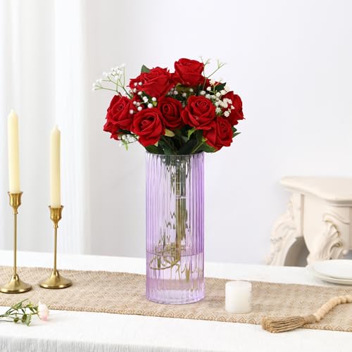 Purple Glass Vase for Flowers, Ribbed Glass Vase for Tulips, Modern Purple Vases, Tall Cylinder Glass Vases for Living Room, Bedroom, Dining Table, Office, Wedding, Bookshelf, 12 Inches - color: Purple, size: 12''