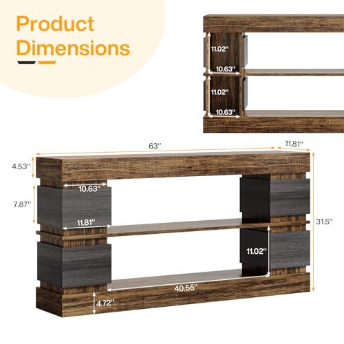 Tribesigns 63" Farmhouse Console Table, 3-Tier Entryway Table with Storage, Long Wooden Behind Couch Stand with 4 Compartments for Living Room, Hallway, Foyer, Vintage Brown & Gray