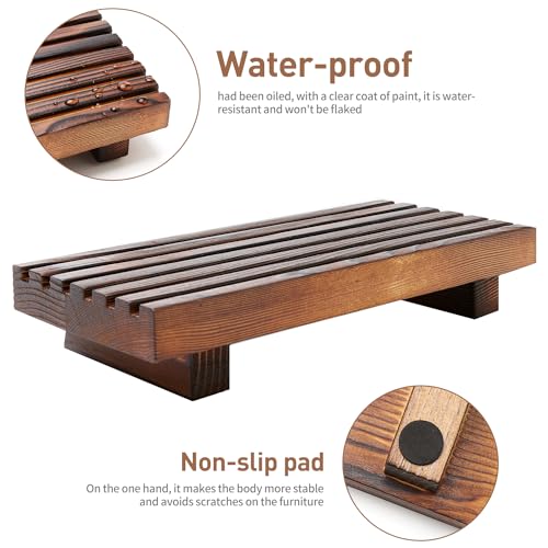 Renawe Small Kitchen Sink Soap Tray for Counter Soap Dish Dispenser Holder Wooden Risers Stand for Bathroom Decor Farmhouse Wood Pedestal Kitchen Accessories Countertop Vanity Counter Decorative Tray - color: Brown, size: 8.7x4 inch