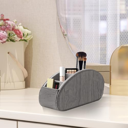 Remote Control Holder, Leather 5 Rooms Desk Organizer and Decorations for Living Room, Bedside Storage Remotes Caddy for TV Controllers/ Makeup Brush Pen/ Office Stationery/ Art Supplies/ Eyeglasses - color: Grey wood grain, size: Small