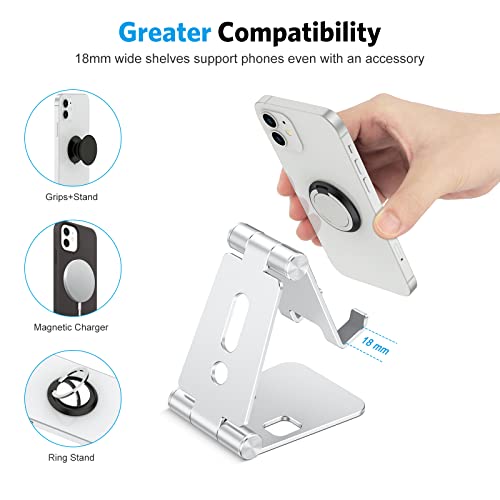 OMOTON Foldable Cell Phone Stand, C4 Portable Aluminum Phone Holder, Adjustable Phone Dock Cradle Compatible with iPhone 17/16/15 Pro Max Air, Samsung Galaxy, Small Tablets, All Smart Phones, Silver - color: A-Silver