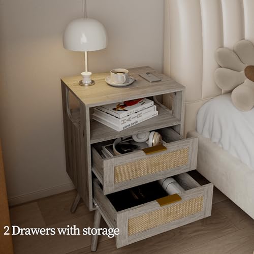 JOONEE Rattan Nightstand,Farmhouse Bedside Table with 2 Storage Drawer and Open Wood Shelf, for Bedroom and Small Spaces,Night Stand with Solid Wood Legs (Grey Oak) - color: Grey Oak