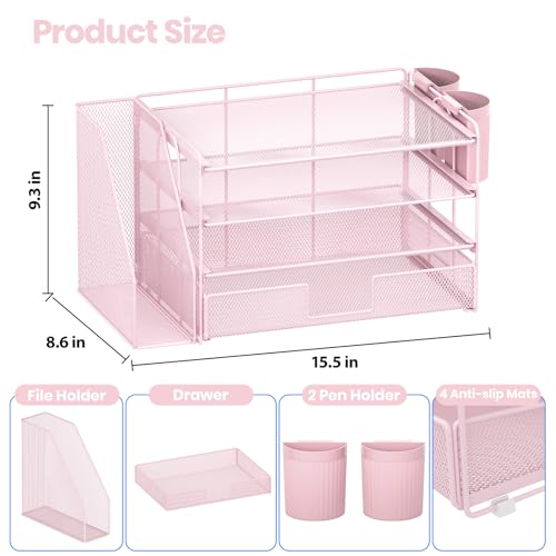 OPNICE Desk Organizer, 4-Tier Desktop File Organizer with Drawer and 2 Pen Holders, Office Desk Accessories, File Sorters, Workspace Organizers for Office Supplies(Pink) - color: Pink, size: 4-Tier