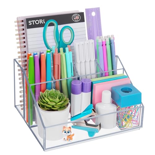 STORi Chloe Clear Plastic Stackable Desk Organizer, Rectangular 6-Compartment Office Supply Holder for Pens, Markers & Notepads, Made in USA - style: Organizer Top