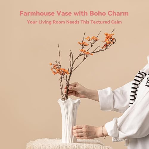 White Ceramic Vase with Ruffled Rim & Vertical Fluted Texture - 8.5" Unique Flower Vase for Pampas Grass & Centerpieces, Decorative Boho/Farmhouse Vase for Living Room, Office & Gift for Her/Yourself - color: Ruffled & Fluted