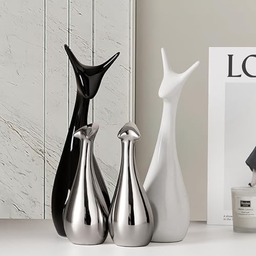 Ceramic Statue,Deer Family Figurines Porcelain(Set of 4),Creative Ceramic Decorative,Crafts Ornaments Home Decor,Memorial Gift for Parents,Suitable for Shelf,Bookself（Black White Silver Deer） - color: Black White Silver Deer