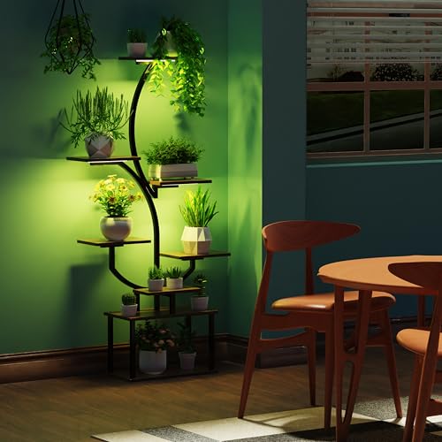 Indoor Plant Stand with LED Grow Light,8-Tier S-Shaped Corner Plant Stand,48.43 Inch Heavy,Duty Metal Indoor Plant Rack for Home, Balcony and Living Room