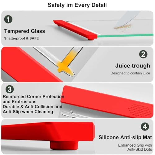 Tempered Glass Cutting Board Set for Kitchen Counter - Dishwasher Safe with Juice Grooves, Non-Slip Silicone Edges & Beveled Grip - 16"x12" & 12"x8" Serving Tray (Red-2PCS) - color: Red-2PCS
