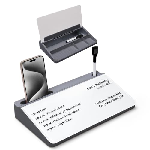 Varhomax Glass Desk Buddy Whiteboard with Storage, Small Dry Erase Desktop White Board Caddy to-do List Memo Notepad for Office, School and Home Office Supplies (Gray and White) - color: Gray & White