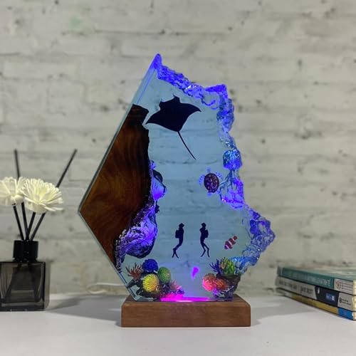 Handmade 3D Ocean Resin Lamp - USB Powered Resin Ocean Night Light with Wooden Base, Variable Lights, Scuba Diver Gifts, Diving Enthusiast Collectibles, Unique Birthday Holiday Gifts for Men & Women - color: Scuba Diver-1, size: L