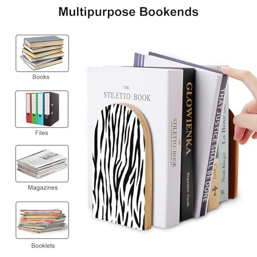 Wooden Bookends 2 Pcs,Black and White Zebra Animal Print Heavy Duty Office Book Ends Anti Slip Book Shelf Holder with Metal Base Decorative Book Stands - color: Black and White Zebra Animal Print
