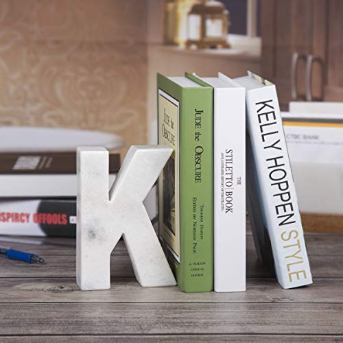Creative Home Natural Marble Stone Letter K Bookends Paper Weight Office Shelf Organizer Table Top Decorative Piece, 4" W x 5.9" H, 1.5" D, Off-White