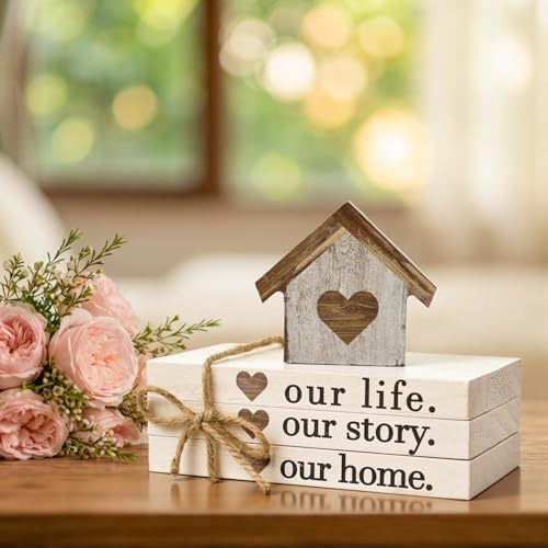 Smile Farmhouse Wooden Tabletop Decor Our Home Our Story Our Famliy Table Centerpiece, Block Sign Tiered Tray Decoration for Kitchen Shelves Desk Mantel - style: Our Story