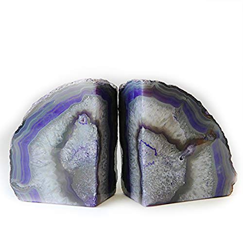 JIC Gem Dyed Purple Natural Agate Bookends Polished Stone Book Ends Crystal Geode Bookends for Shelves to Hold Books with Rubber Bumpers(1 Pair, 3-4 LBS) - color: Purple Dyed, size: 3-4LBS.
