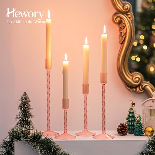Hewory Glass Taper Candle Holders: 4 Pcs Pink Vintage Candlestick Holders Tall Candle Sticks Holder Decor, Glass Candle Holder for Table Centerpiece Wedding Christmas Advent Holiday Party Decorations - color: Pink
