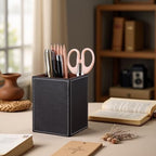 KINGFOM PU Leather Square Pens Pencils Holder Cup Desktop Stationery Organizer Case Office Accessories Container Box Brown - color: Brown-S